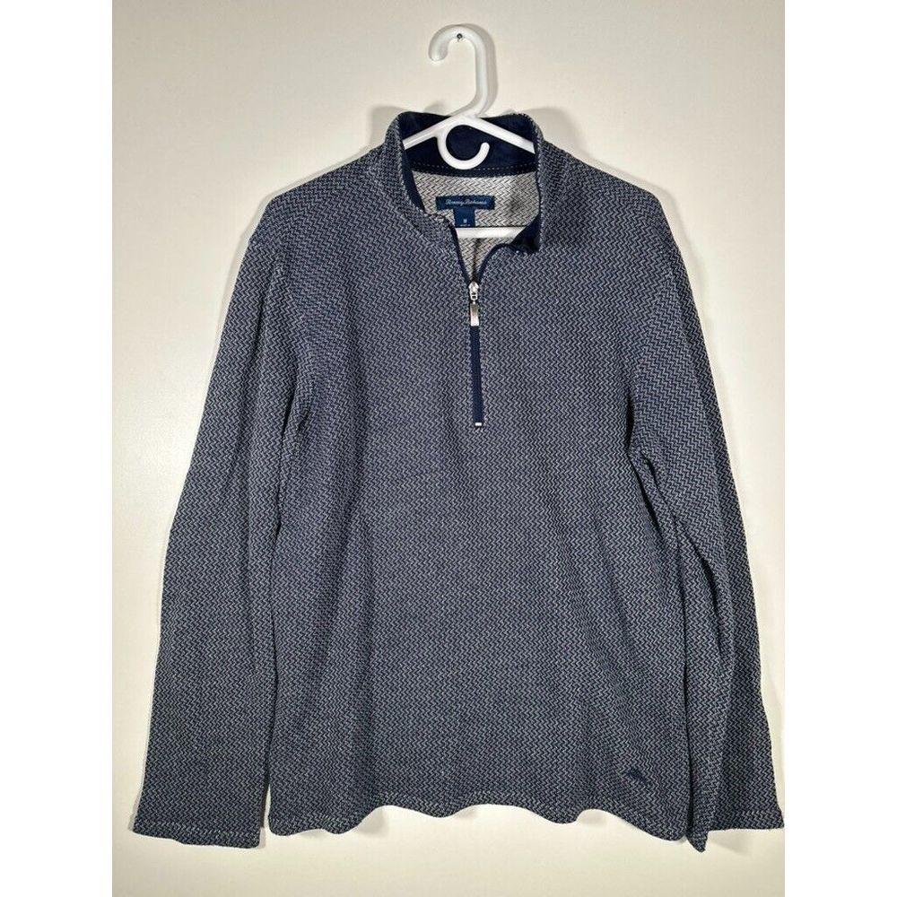 Tommy Bahama 1/4 Zip Mock Neck French Terry Sweater Blue Chevron Mens‎ Medium